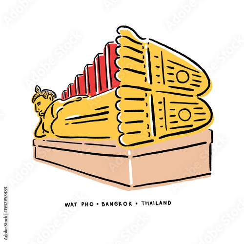Reclining Buddha statue landmark in Wat Pho Bangkok destination Scene Hand drawn line art Color illustration