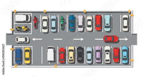 Aerial view of a busy parking lot filled with cars and motorcycles.