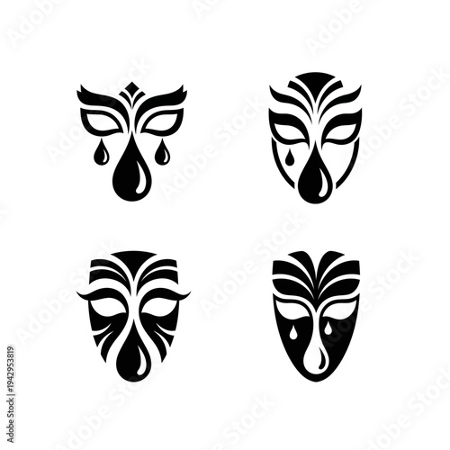 Set of Four Abstract Tribal Masks with Tear Drops, Black and White Icons