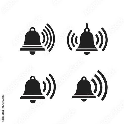 Set of Four Bell Icons with Sound Waves, Notification and Alert Symbols