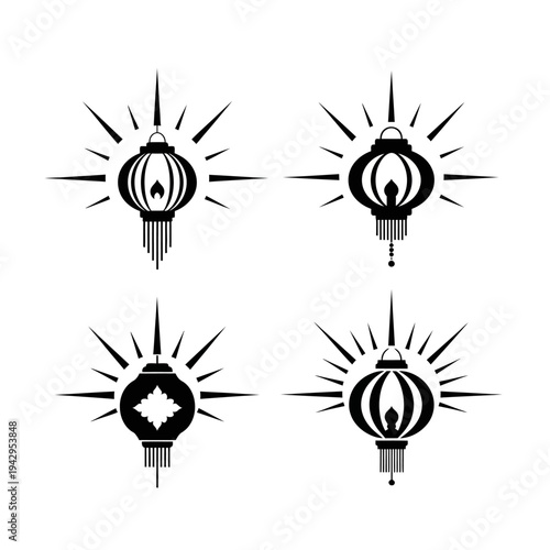 Set of Four Black Lantern Icons with Radiant Light Rays, Asian Style