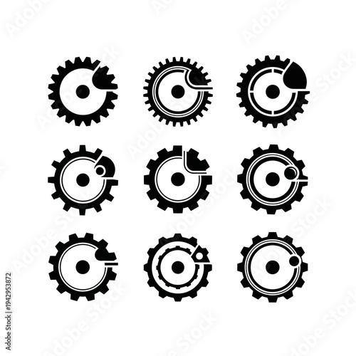 Set of 9 Gear Icons with Pie Chart Elements, Black and White, Vector Graphics