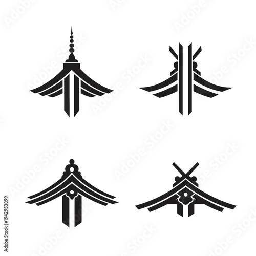 Set of Abstract Geometric Architectural Symbols, Thai Temple Roof Motifs, Black Icons