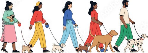 People walking dogs on leash vector illustration showing diverse pet owners with puppies and large dogs isolated lifestyle scene of daily pet care