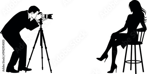 Photographer taking picture of female model silhouette sitting on chair, professional photography studio concept with camera and tripod isolated on white background