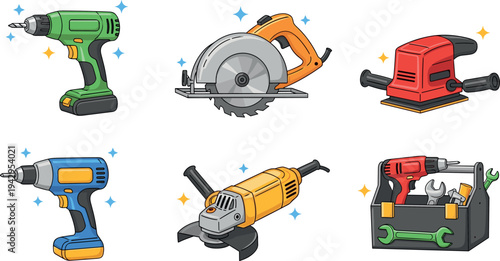 Power tools vector set including cordless drill, circular saw, sander, angle grinder and toolbox equipment for construction, carpentry, repair and DIY workshop projects