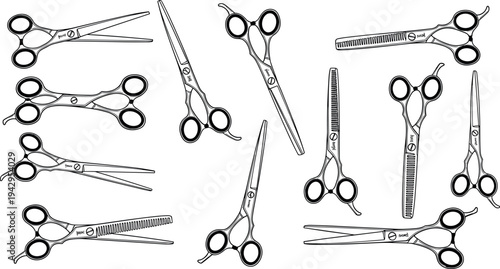Professional barber scissors and thinning shears set illustration, hairdressing tools collection isolated on white background, salon equipment outline vector for hairstylist grooming and 