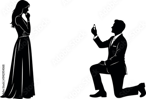 Romantic marriage proposal silhouette with man kneeling and offering engagement ring to woman, love and relationship concept illustration isolated on white background