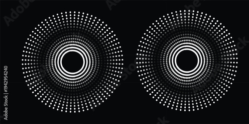 A dark digital wallpaper featuring a black and white abstract background with a motion pattern of round circle shapes and halftone dot elements for a high-technology vector design