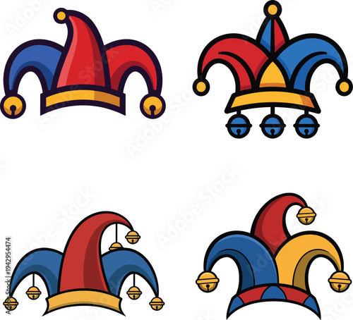 Jester hat set for carnival or april fools day featuring colorful medieval court clown headwear with bells and traditional jester cap vector design