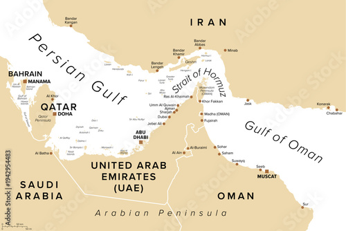 Strait of Hormuz,  sand-colored political map. Waterway between the Persian Gulf and the Gulf of Oman. Strategically important choke point with Iran to the north and UAE and Oman to the south. Vector