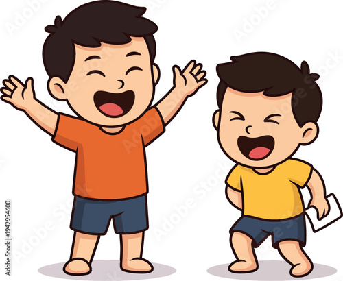 Cheerful boys laughing together as friends celebrating april fools day with joyful expressions and playful poses in flat cartoon vector illustration