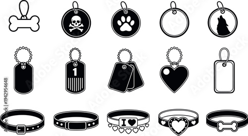 Vector illustration collection of various pet collar and tag silhouettes including bone heart and paw shapes isolated on white background for animal identification design.