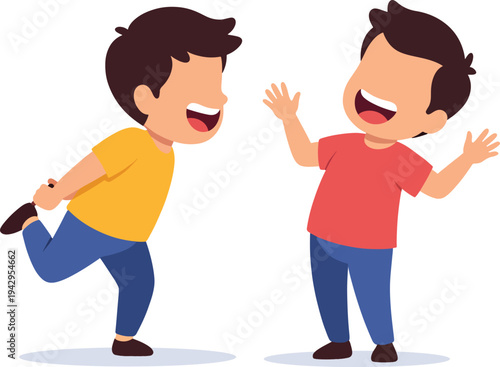Two young boys joking around and laughing heartily during april fools day fun with energetic body language and happy facial expressions vector art