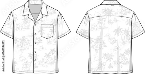 Men Hawaiian aloha shirt technical fashion flat sketch, front and back view, short sleeve tropical print camp collar shirt, apparel template vector illustration