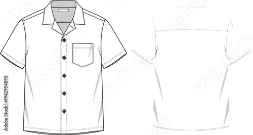 Men short sleeve button up shirt technical fashion flat sketch, front and back view, casual collared pocket shirt, apparel template vector illustration