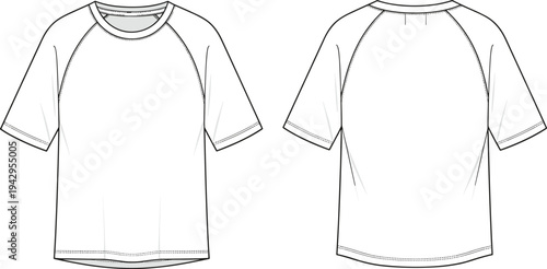 raglan sleeve t shirt technical fashion flat sketch, front and back view, casual short sleeve tee template apparel vector design
