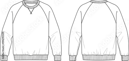 raglan sleeve sweatshirt technical fashion flat sketch, front and back view, crew neck pullover template, apparel garment outline, vector clothing design