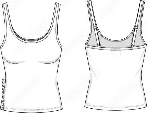 women camisole tank top technical fashion flat sketch, front and back view, sleeveless strap top template apparel garment vector design
