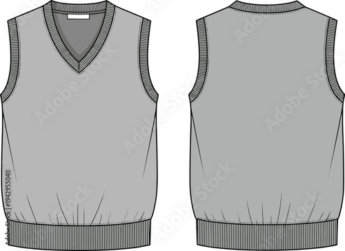 v neck sweater vest technical fashion flat sketch, front and back view, sleeveless knit pullover template, apparel garment outline vector design