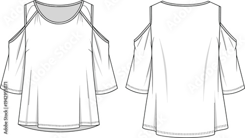 Women cold shoulder blouse technical fashion flat sketch, front and back view, loose fit long sleeve top, apparel template vector illustration