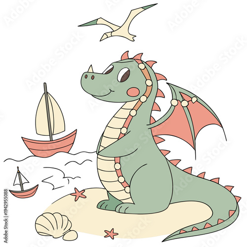 Delightful Bashful Dragon in a Beach day scene with wrapped in fairy lights – Ocean Breeze vector illustration