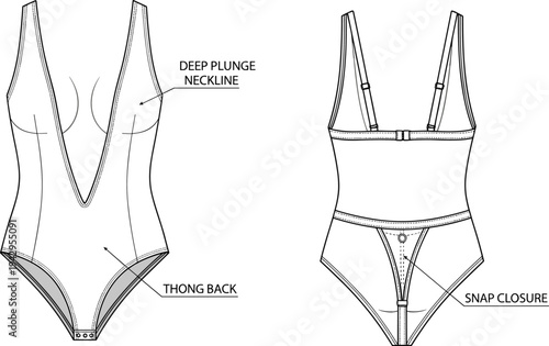 women deep plunge bodysuit technical fashion flat sketch, front and back view, thong back lingerie swimsuit template apparel vector design