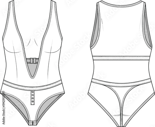 women deep v neck bodysuit technical fashion flat sketch, front and back view, sleeveless lingerie swimsuit template apparel vector design