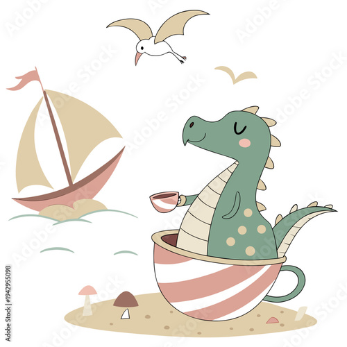 Relaxed Dragon with sitting in a teacup ride, set in a charming Beach day theme – Ocean Breeze color vector art