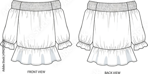 Women off shoulder peplum blouse technical fashion flat sketch, front and back view, elastic neckline ruffle sleeve top, apparel template vector illustration