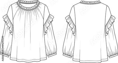 Women ruffle sleeve blouse technical fashion flat sketch, front and back view, gathered neckline, long puff sleeve top, apparel template vector illustration
