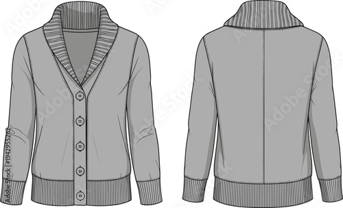 Women shawl collar cardigan sweater technical fashion flat sketch, front and back view, long sleeve button knit jacket, apparel template vector illustration