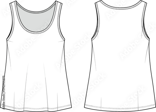 Women sleeveless tank top technical fashion flat sketch, front and back view, basic scoop neck summer top, apparel template vector illustration