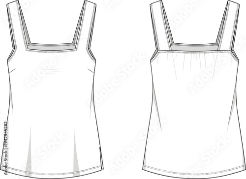 Women square neck tank top technical fashion flat sketch, front and back view, sleeveless summer camisole, apparel template vector illustration