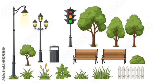 Flat lay illustration of various urban park elements on a white background
