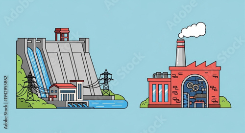 Hydroelectric Dam and Industrial Factory Comparison.