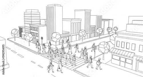 Sketch of a bustling city street with buildings and trees.