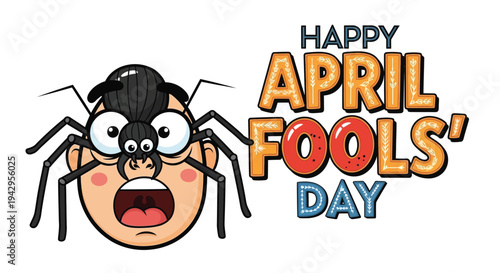 Surprised man with giant spider on face for april fools day