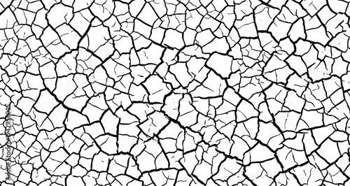 Dry cracked earth texture. Black network of deep cracks on a white background, imitating a desert surface or parched soil. Vector illustration.