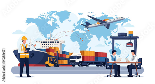Flat illustration of logistics workers coordinating global shipping operations with containers and vehicles against a world map background