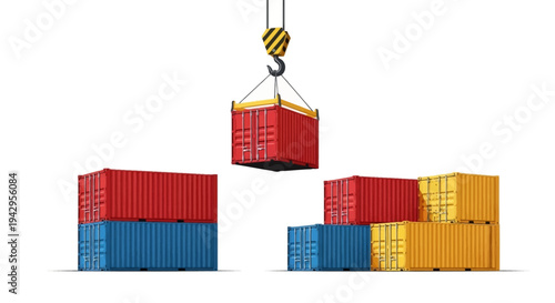 Colorful shipping containers stacked and being lifted by a crane against a white background