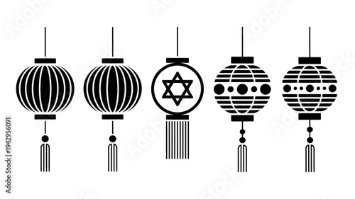 Black and white hanging lanterns with tassels and star symbol decorations