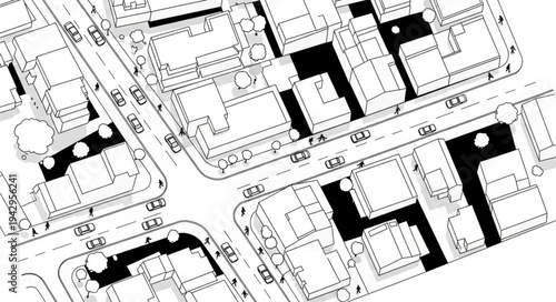 Aerial view of a city plan with buildings and roads.