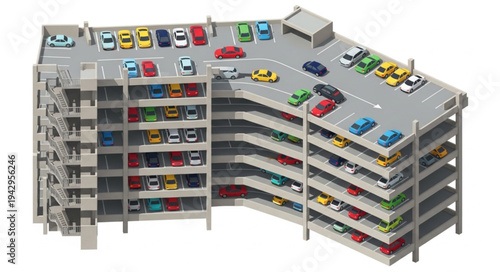 Modern multi-level parking garage filled with colorful cars.