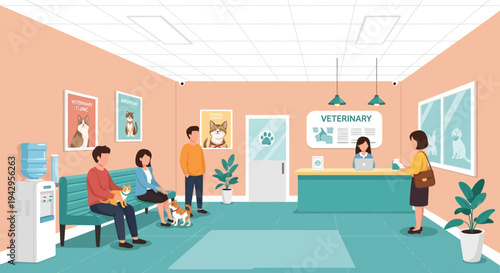 Illustration of a family with a dog at a veterinary clinic reception desk with a waiting area