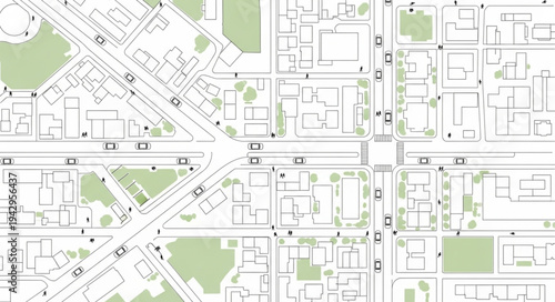 Aerial view of a city street map with buildings and roads.