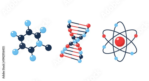 Flat lay of molecular structures on white background