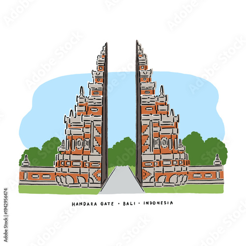 Handara gate Bali Landmark Indonesia World heritage site Hand drawn line art Color illustration