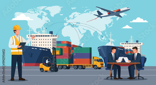 Illustration of logistics team discussing shipping and transportation with containers and vehicles in the background.