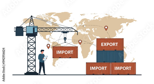 Illustration of a businessman engaged in global trade operations with import and export boxes and a world map in the background.